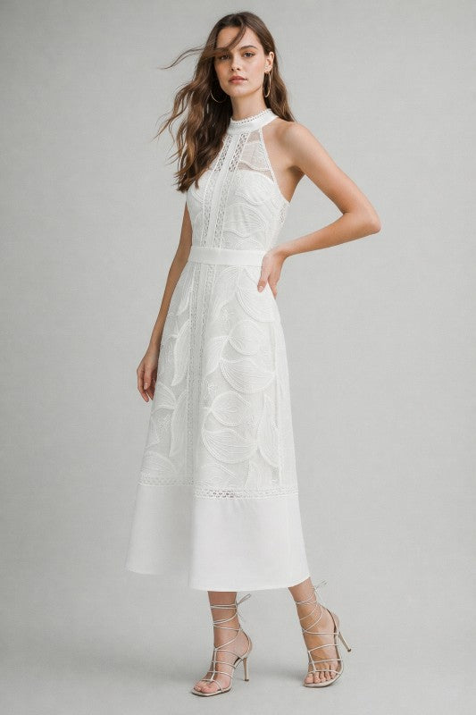 HIGH NECK LACE MIDI DRESS - WHITE