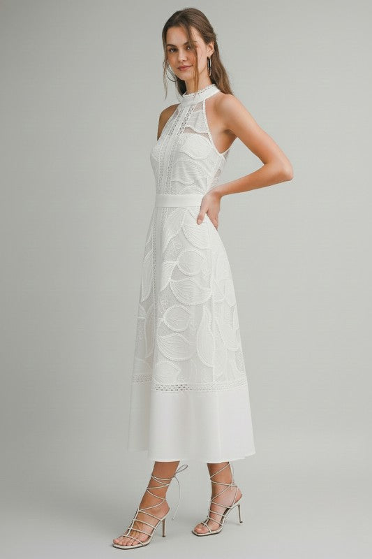 HIGH NECK LACE MIDI DRESS - WHITE