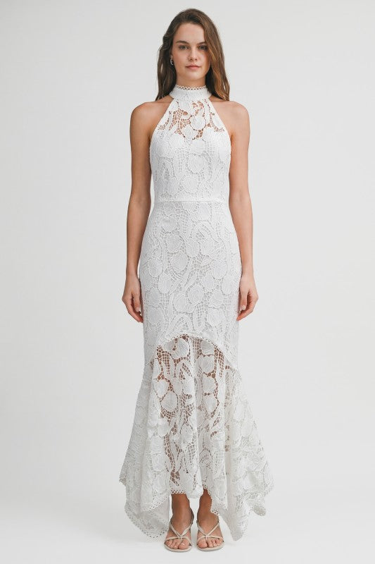 LACE HALTER MIDI DRESS - WHITE
