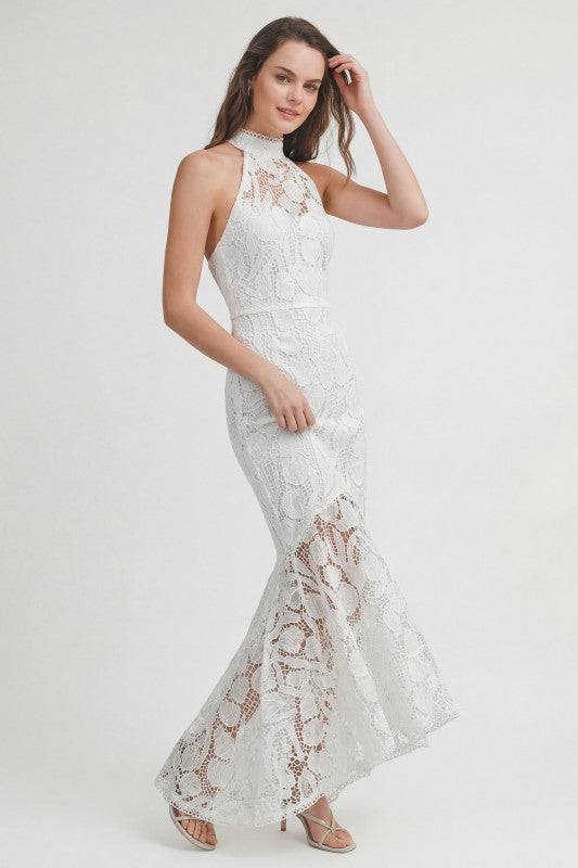 LACE HALTER MIDI DRESS - WHITE