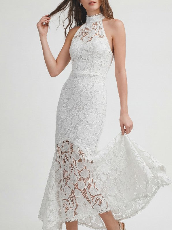 LACE HALTER MIDI DRESS - WHITE