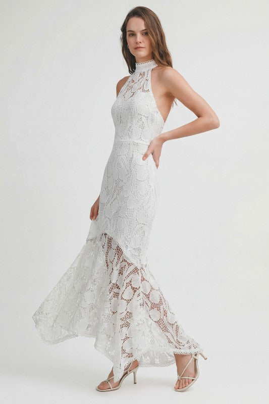 LACE HALTER MIDI DRESS - WHITE