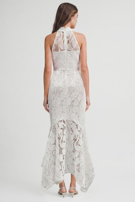 LACE HALTER MIDI DRESS - WHITE