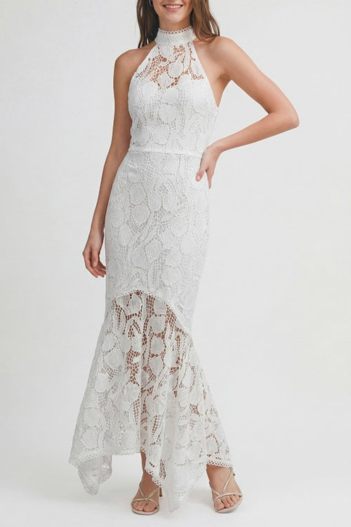 LACE HALTER MIDI DRESS - WHITE