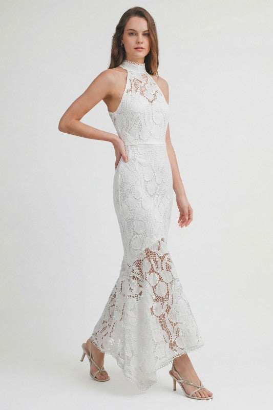 LACE HALTER MIDI DRESS - WHITE