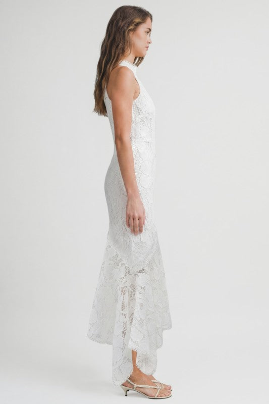 LACE HALTER MIDI DRESS - WHITE