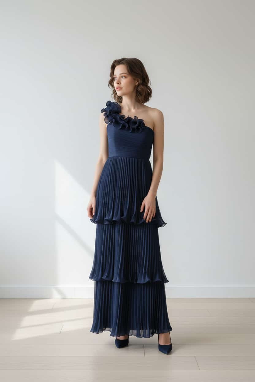 One Shoulder Ruffle Pleated Tyrique Dress - Navy Blue