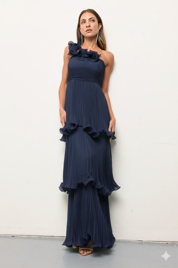 One Shoulder Ruffle Pleated Tyrique Dress - Navy Blue