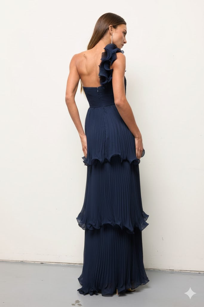 One Shoulder Ruffle Pleated Tyrique Dress - Navy Blue