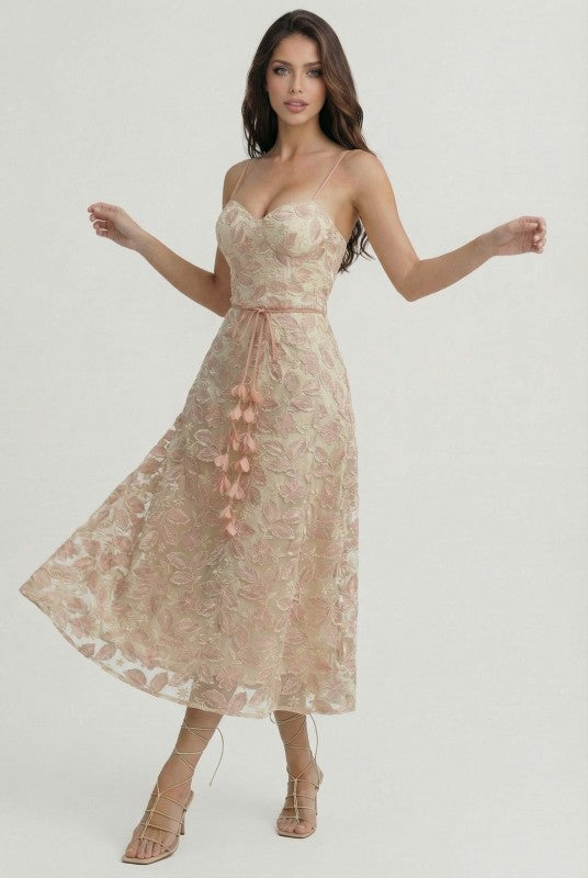 FLORAL EMBROIDERED MIDI DRESS - PINK