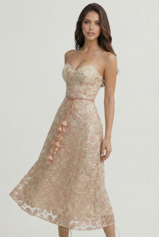 FLORAL EMBROIDERED MIDI DRESS - PINK