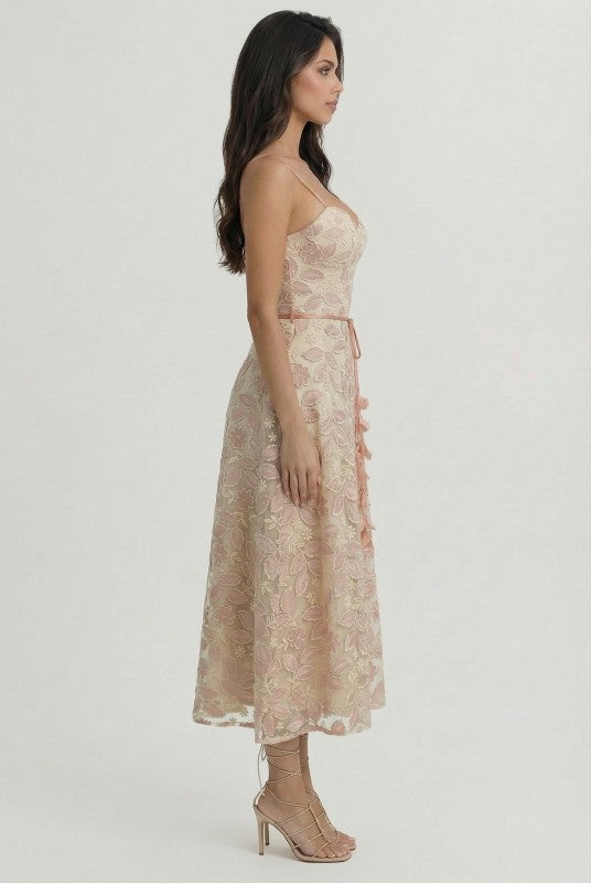 FLORAL EMBROIDERED MIDI DRESS - PINK