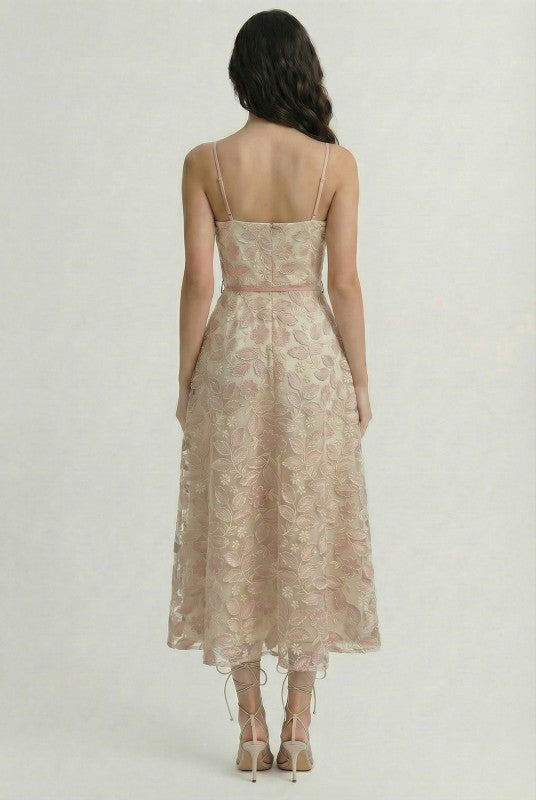 FLORAL EMBROIDERED MIDI DRESS - PINK