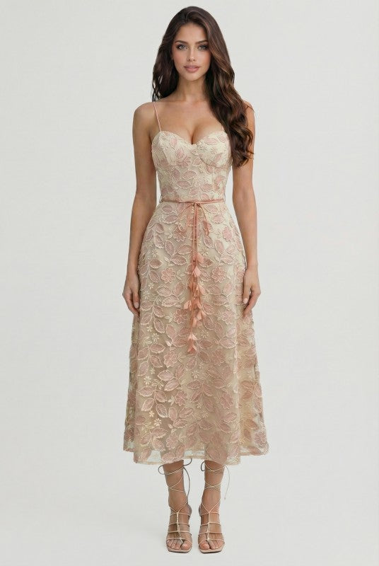 FLORAL EMBROIDERED MIDI DRESS - PINK