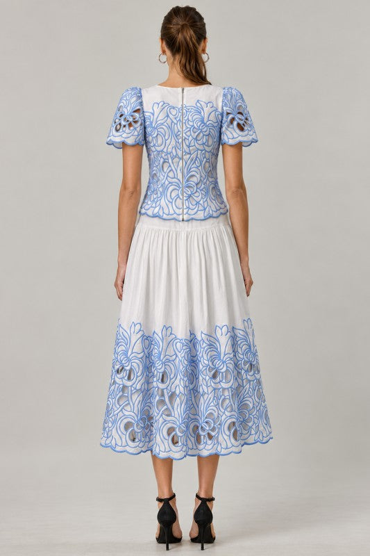 Blue Floral Cutwork Embroidered Top and Midi Skirt -