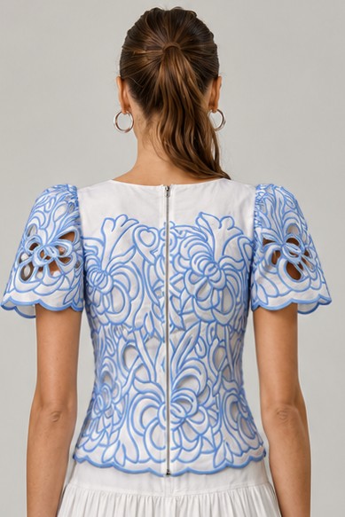 Blue Floral Cutwork Embroidered Top and Midi Skirt -