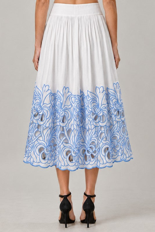 Blue Floral Cutwork Embroidered Top and Midi Skirt -