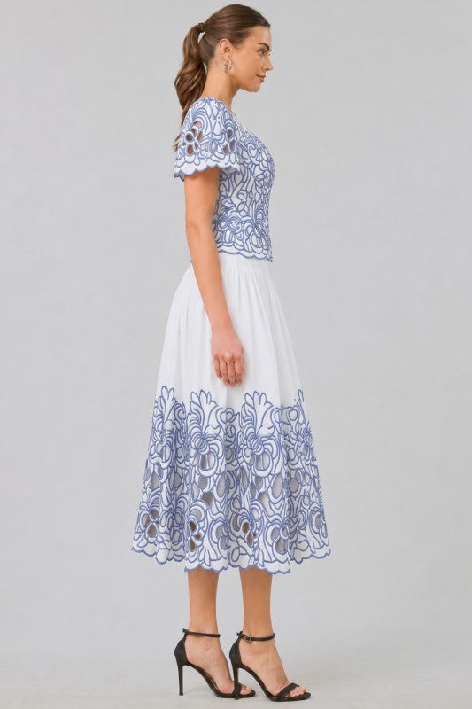 Blue Floral Cutwork Embroidered Top and Midi Skirt -