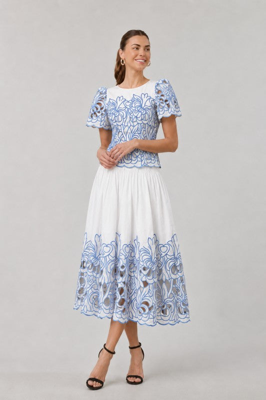 Blue Floral Cutwork Embroidered Top and Midi Skirt -