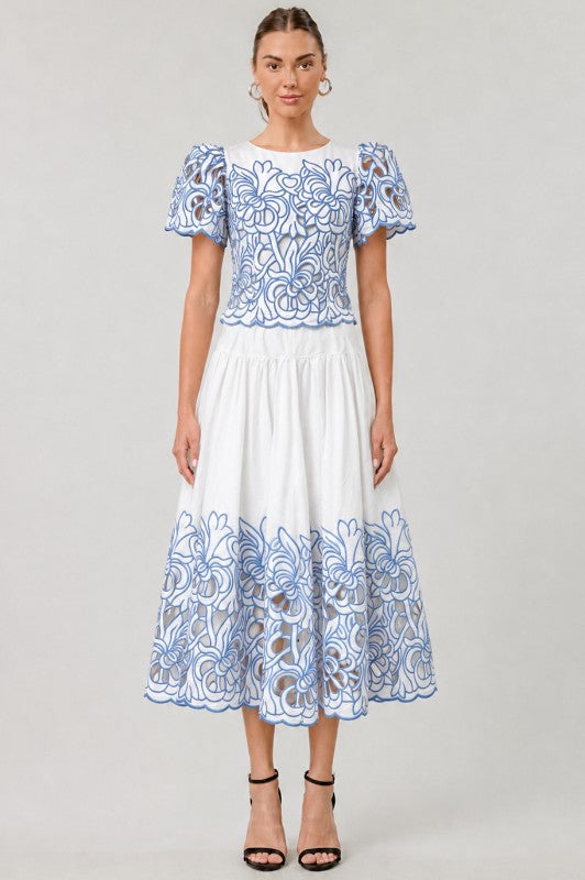 Blue Floral Cutwork Embroidered Top and Midi Skirt -