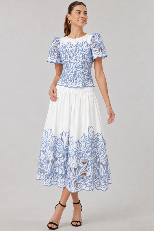 Blue Floral Cutwork Embroidered Top and Midi Skirt -