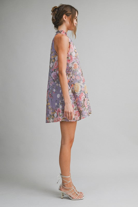 FLORAL HALTER MINI A-LINE SWING DRESS - LAVANDER
