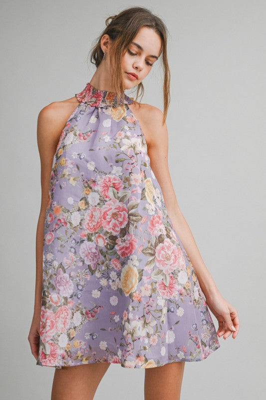 FLORAL HALTER MINI A-LINE SWING DRESS - LAVANDER