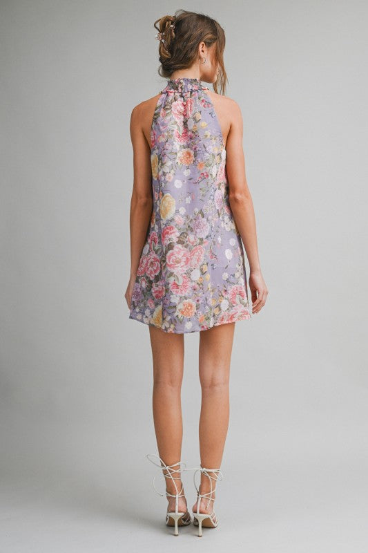 FLORAL HALTER MINI A-LINE SWING DRESS - LAVANDER