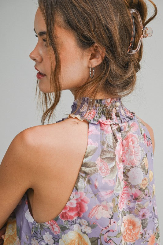 FLORAL HALTER MINI A-LINE SWING DRESS - LAVANDER