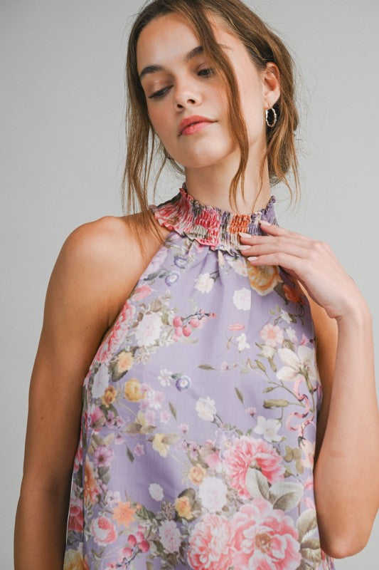 FLORAL HALTER MINI A-LINE SWING DRESS - LAVANDER