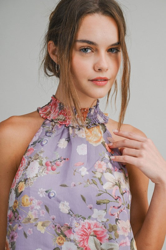 FLORAL HALTER MINI A-LINE SWING DRESS - LAVANDER