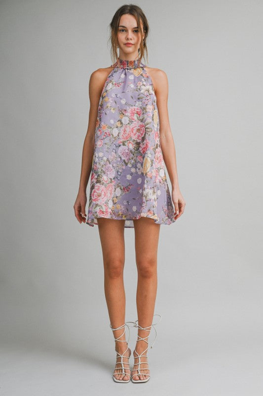 FLORAL HALTER MINI A-LINE SWING DRESS - LAVANDER