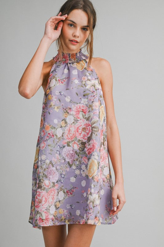 FLORAL HALTER MINI A-LINE SWING DRESS - LAVANDER