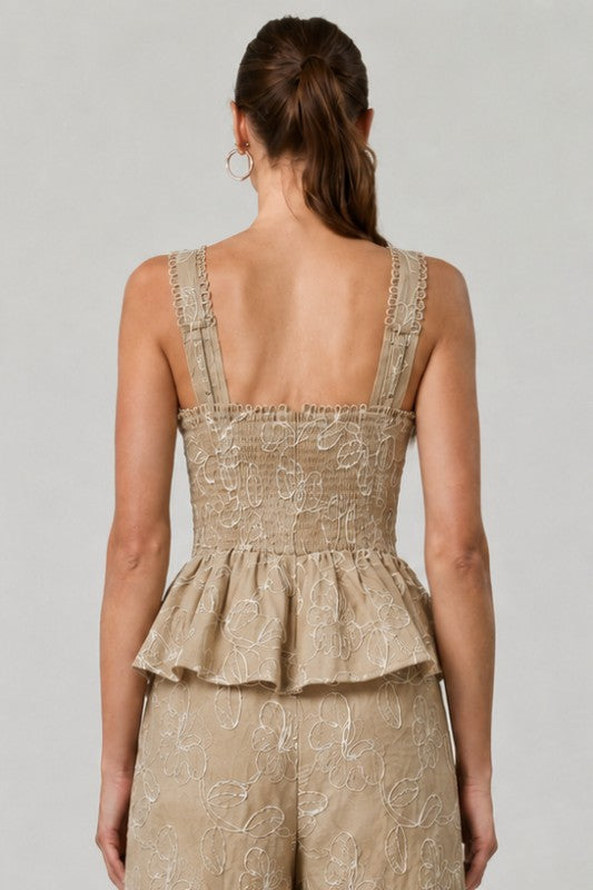Embroidered Peplum Top & Wide-leg Pant - Taupe