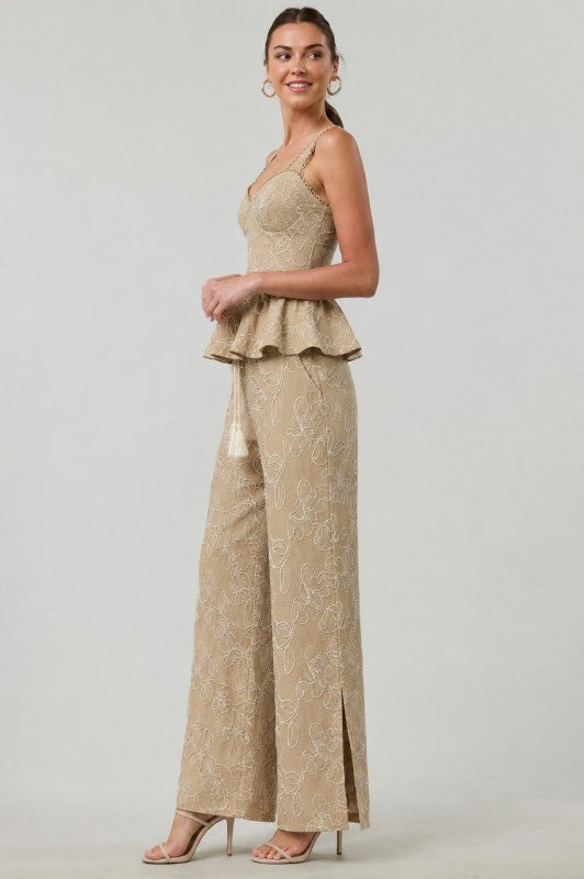 Embroidered Peplum Top & Wide-leg Pant - Taupe
