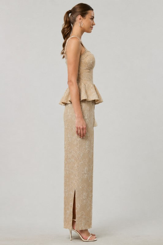 Embroidered Peplum Top & Wide-leg Pant - Taupe