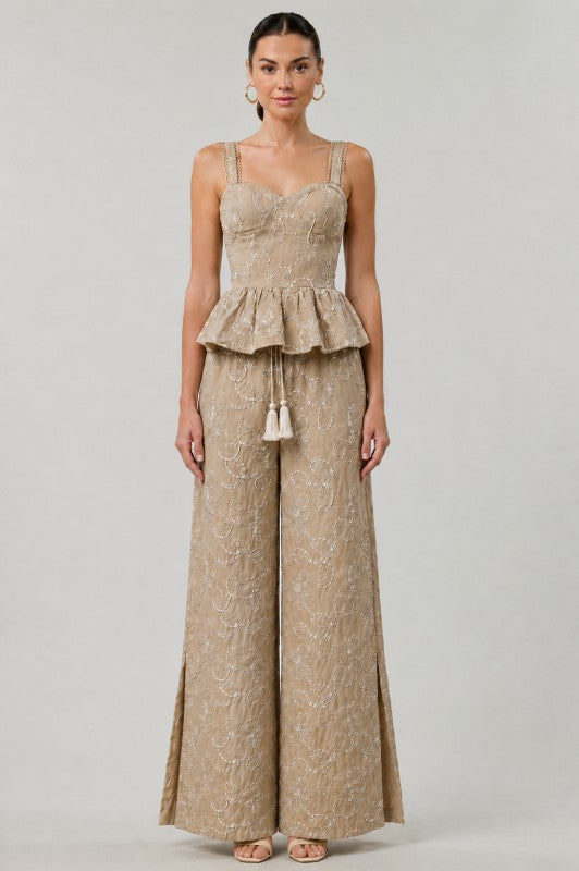 Embroidered Peplum Top & Wide-leg Pant - Taupe