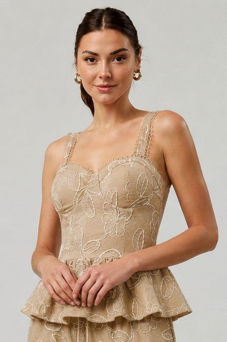 Embroidered Peplum Top & Wide-leg Pant - Taupe