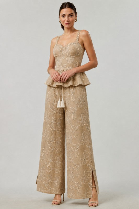 Embroidered Peplum Top & Wide-leg Pant - Taupe