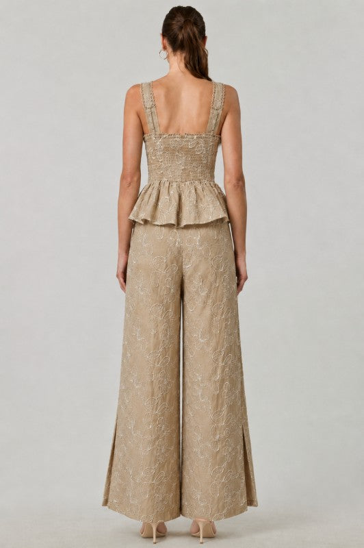 Embroidered Peplum Top & Wide-leg Pant - Taupe