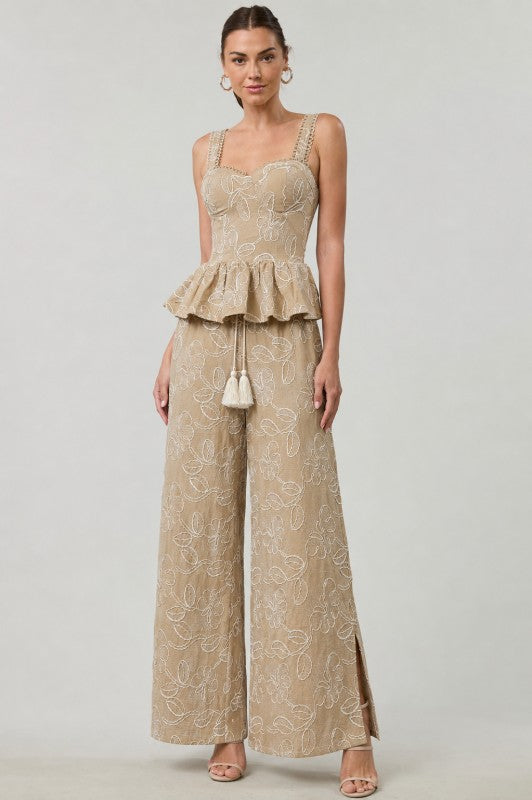 Embroidered Peplum Top & Wide-leg Pant - Taupe