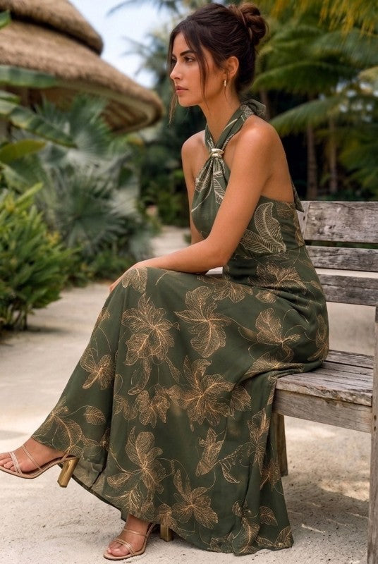 Olive Grove Halter Maxi Dress