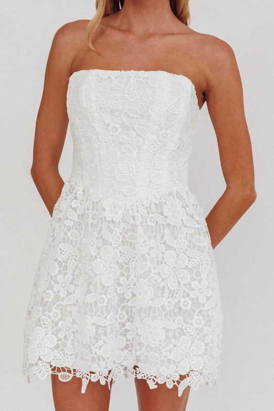 Crochet Detail Strapless Dress - White