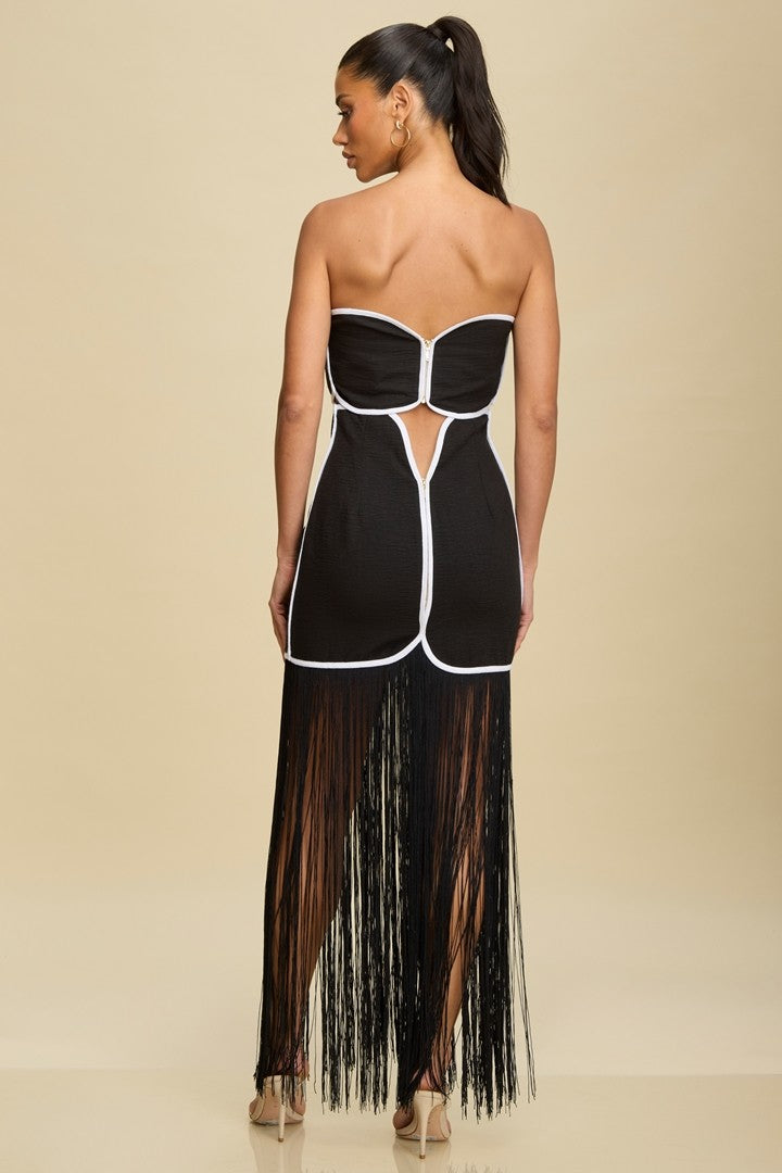 Fringe Linen Midi Dress Back & White