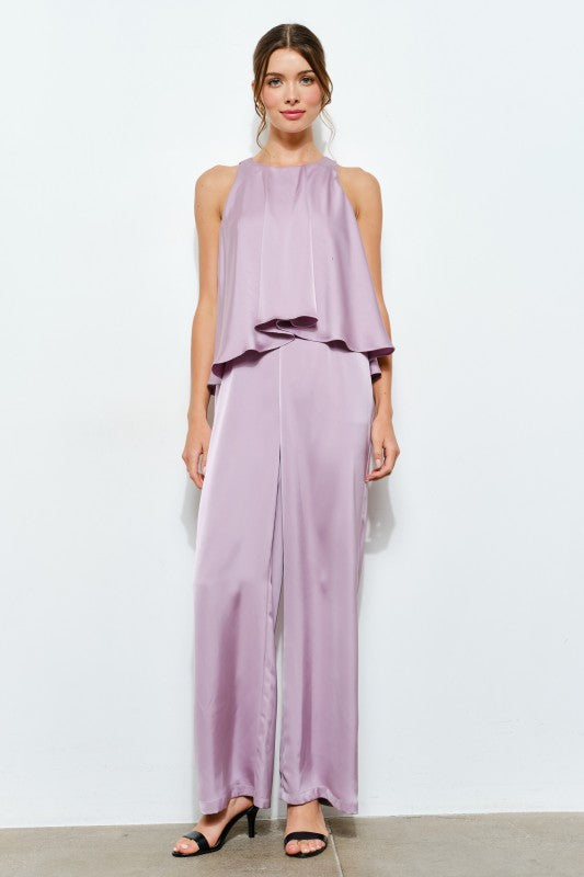 SATIN ROUND NECK SLEEVELESS JUMPSUIT - LILAC