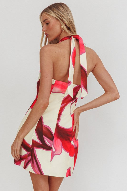 HALTER V NECK MINI DRESS - RED