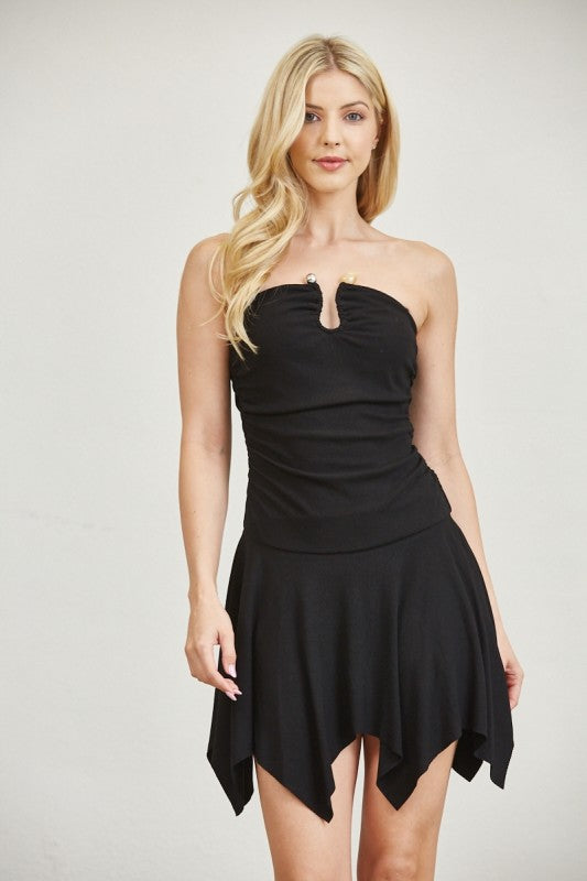 Ribbed Knit Strapless Mini Dress - Black