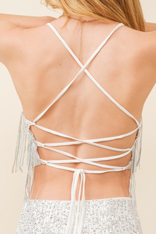 Sequin Fringe Back Cross Tie Top Silver
