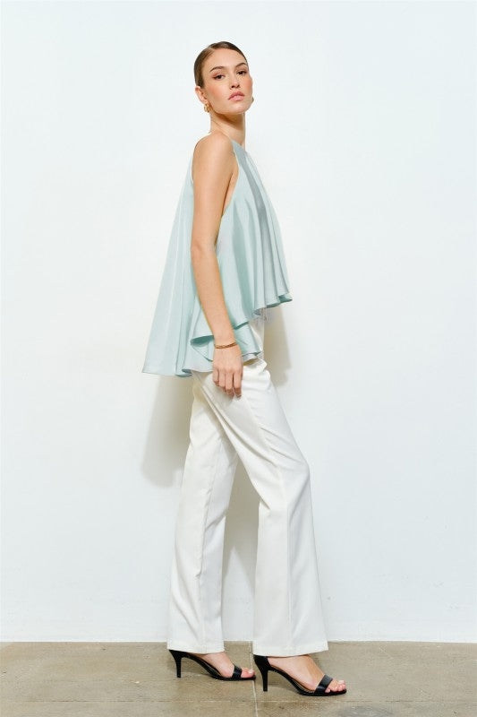 Satin Round Neck Loose Irregular Sleeveless - Top Sea Foam