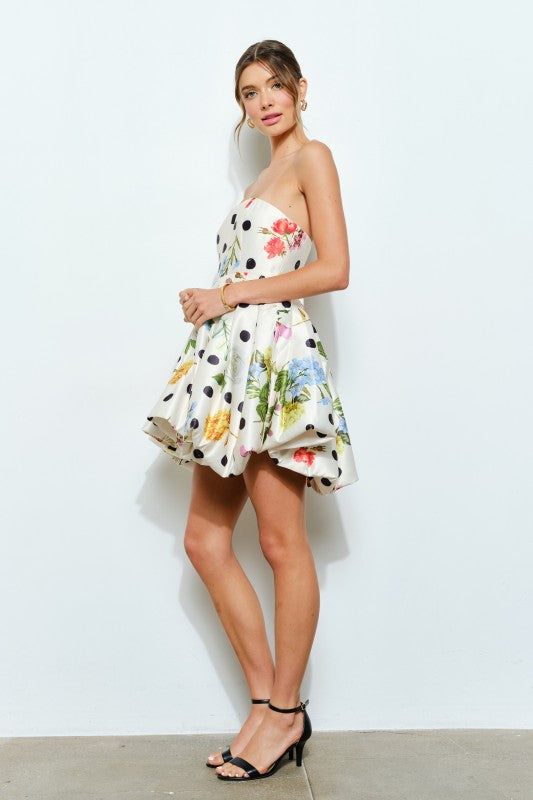 FLORAL POLKA DOT PRINT STRAPLESS BUBBLE MINI DRESS - IVORY